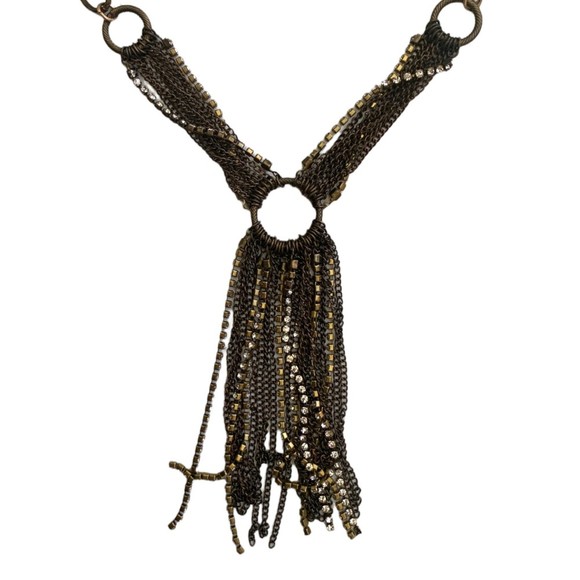 NWT Anthropologie Metal Gold Rhinestone Fringe Necklace 22" Adjustable Chain - Picture 4 of 6